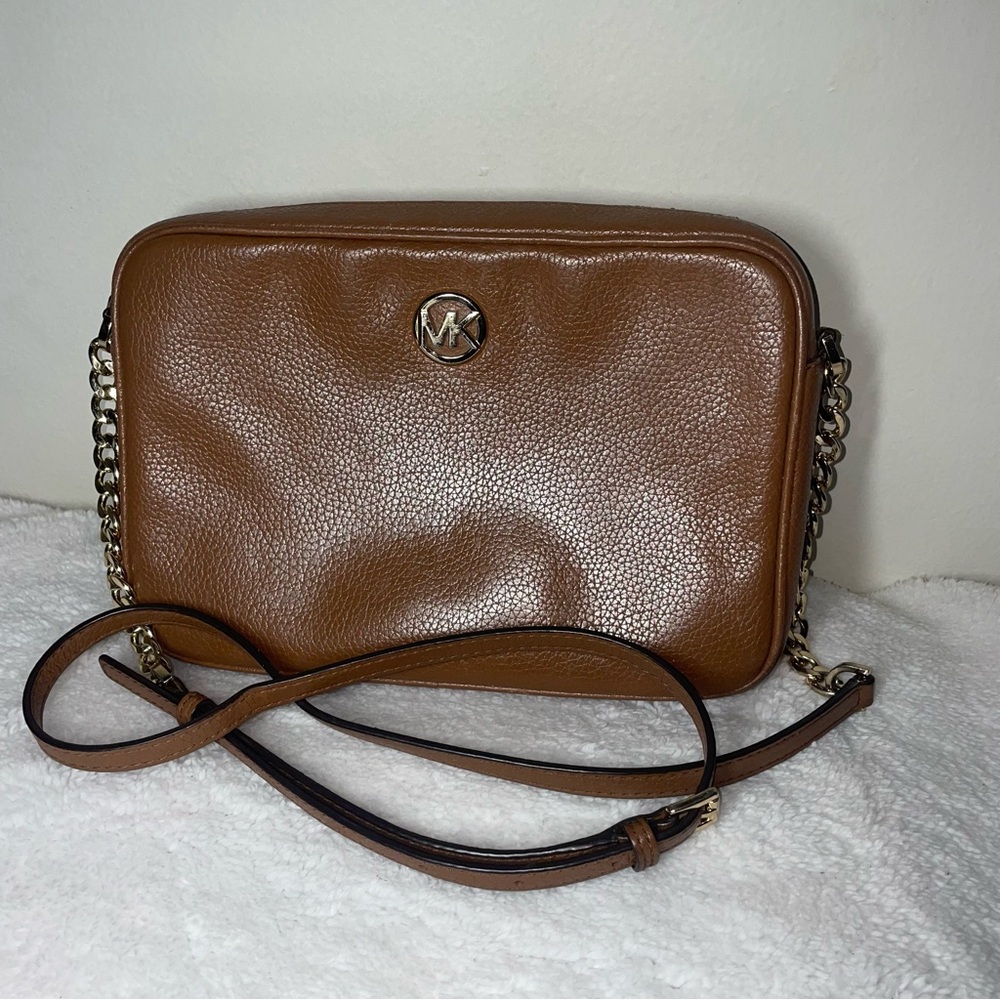 Michael Kors Brown Pebbled Leather Crossbody Bag with Gold Hardware